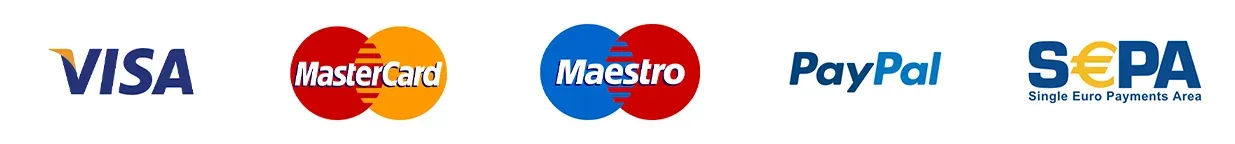 Moyens de paiement acceptés : Visa, MasterCard, Maestro, PayPal, SEPA